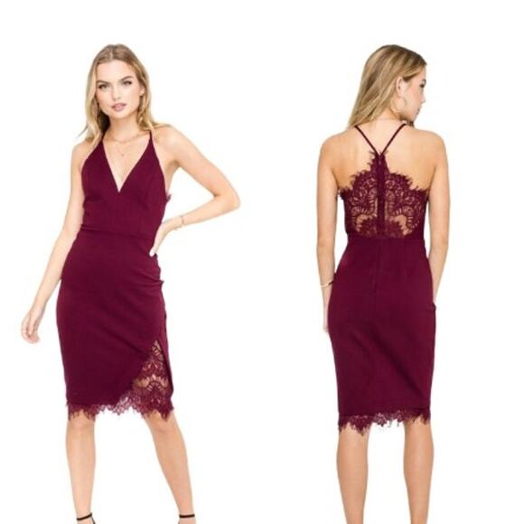 ASTR THE LABEL x REVOLVE Burgundy Peeking Lace Bodycon Midi Dress Size Medium - Picture 1 of 9
